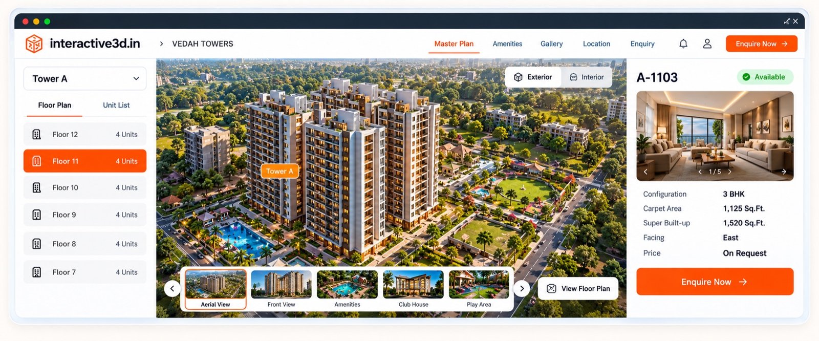 Building and unit explorer showing a floor plan, unit gallery and configuration details